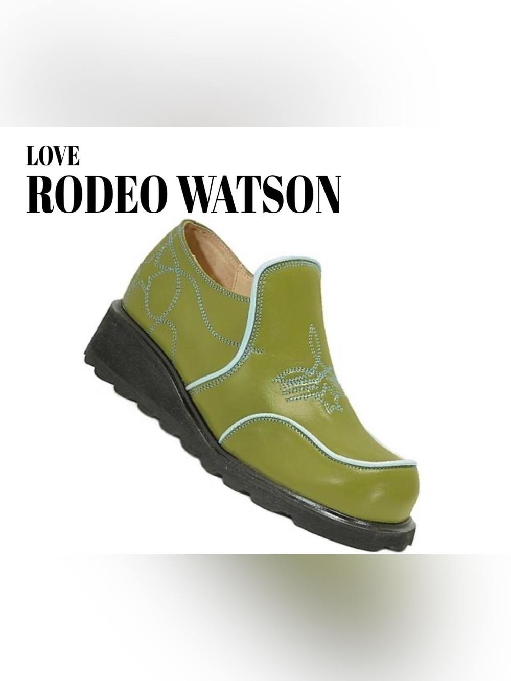 Fluevog VINTAGE EXCELLENT Love Rodeo Watson olive green/blue stitch loafer-W10.5